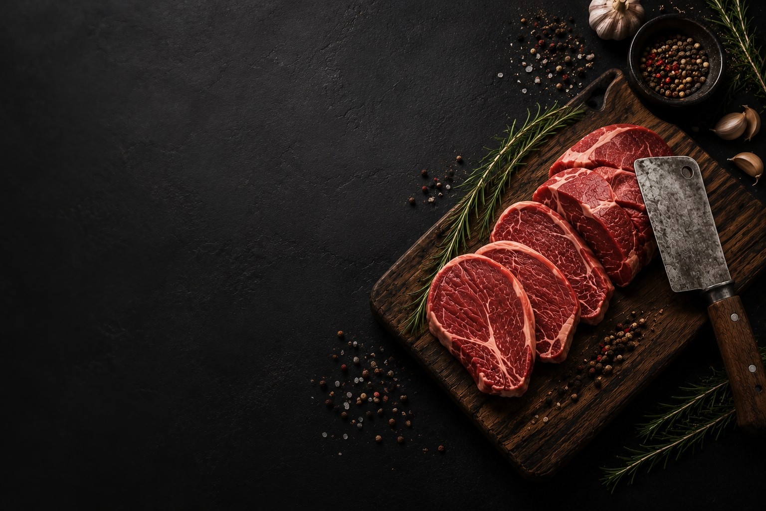 Corte de carne fresca sobre tábua de madeira